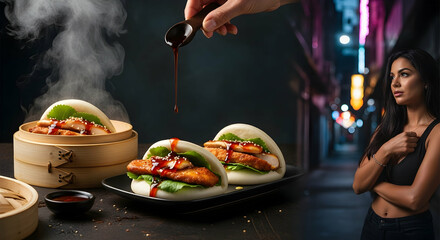 Savory Bao Buns Drizzled With Sauce And Beautiful Brunette In Cityscape