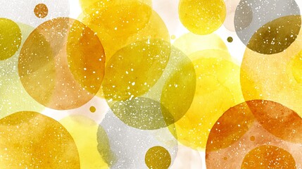 Refreshing abstract lemon-inspired background with overlapping translucent circles in pale yellow, ochre, white. Watercolor blots, dripping textures, and light particle mist add sparkle and energy. 