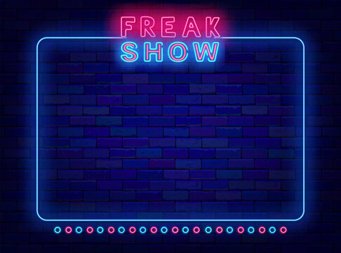 Freak show neon advertising. Performance with unusual people. Talent concert. Vector stock illustration - Powered by Adobe