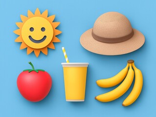 Colorful summer-themed flat illustration featuring a smiling sun, a red apple, a yellow drink with a straw, a straw hat, and ripe bananas on a blue background