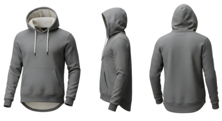 Gray hoodie displayed from multiple angles, showcasing its design and fabric texture against a plain background