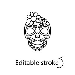 Human skull with flowers line icon. Day of the death symbol. Mexican holiday. Vector stock illustration
