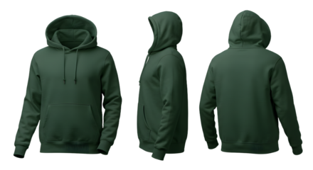 Green hoodie displayed from multiple angles, showcasing design details and fabric texture, suitable for casual wear