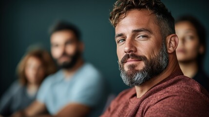 A confident man sits in a group, smiling warmly, showcasing a sense of assurance and positivity, with his friends in soft focus in the background, enhancing the scene's warmth.