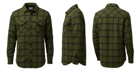 Olive green plaid shirt displayed from multiple angles, showcasing design details and fabric texture for online retail