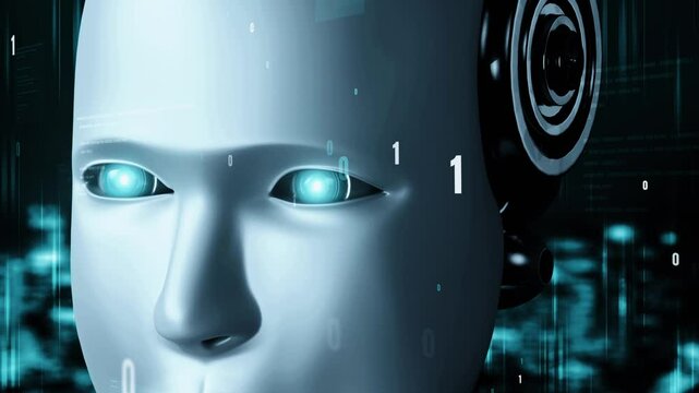 Futuristic robot artificial intelligence huminoid AI programming coding technology development and machine learning concept. Robotic bionic science research for future of human life. 3D rendering.