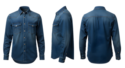 Stylish blue denim shirt displayed from multiple angles, showcasing its design and details against a neutral background