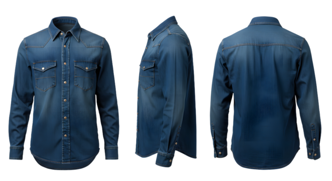 Stylish blue denim shirt displayed from multiple angles, showcasing its design and details against a neutral background - Powered by Adobe
