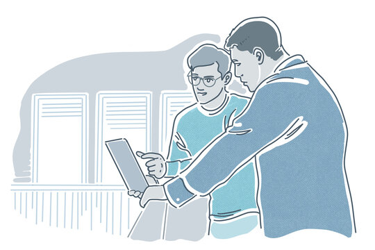 Working Men - Business M&auml;nner - Architekten -  IT -Baubranche - Besprechung, Planung, Projekt Management, Handzeichnung, Illustration - in Grau, Blau, Wei&szlig;
