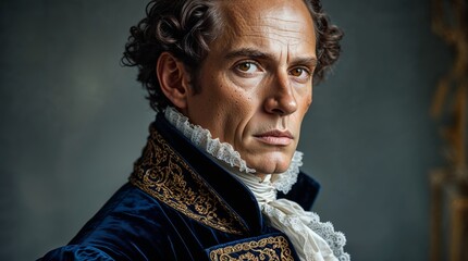 Captivating portrait of a historical figure in an elegant blue coat with intricate details and ruffled collar