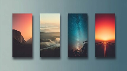 Captivating quartet of nature s grandeur Majestic mountain misty valley starry skies and fiery highway against a simple