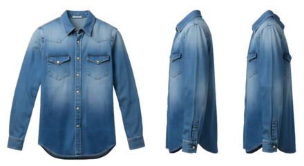 Stylish denim shirt displayed from multiple angles, showcasing its design and texture against a clean background