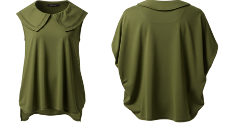 Stylish olive green blouse with a unique collar design, displayed from front and back, showcasing its modern silhouette