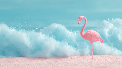 A pink flamingo stands gracefully on a sandy beach with soft blue ocean waves in the background — the perfect summer vibe.