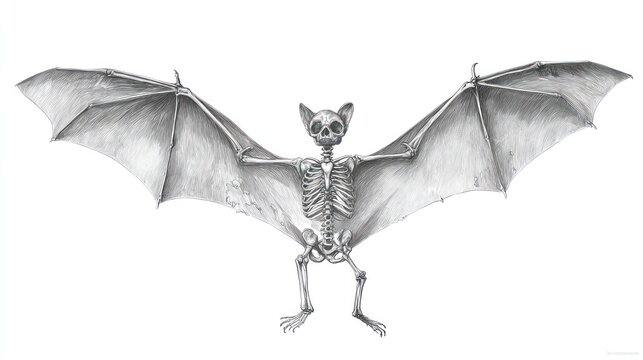 Anatomical drawing of a bat skeleton.  A grayscale image