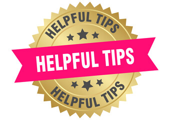 helpful tips. helpful tips round pink and gold label isolated on transparent background