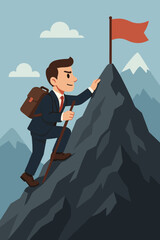 Businessman climbing mountain to reach goal. Business success journey metaphor. Career growth, ambition and leadership concept. Achieving target with determination and strategy.