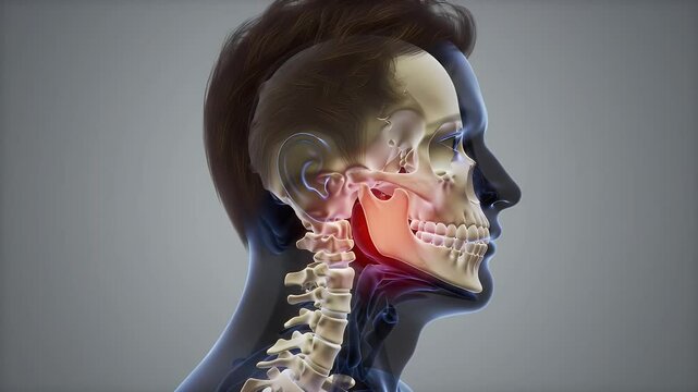 Anatomical view of the human head and neck focusing on the jaw and cer