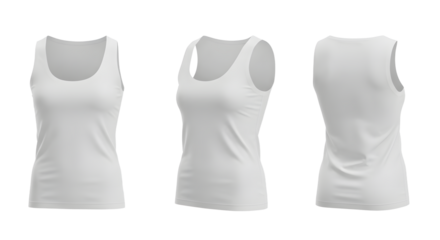 Three-dimensional view of a plain white tank top showcasing front, side, and back perspectives, ideal for fashion displays