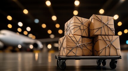 A close-up view of stacked packages on a cart in an airport cargo area, highlighting the logistics and efficiency of modern transportation and delivery systems in action.