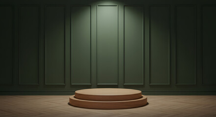 Elegant wooden podium in dark green room with wood floor