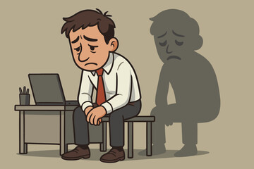 Sad office worker sitting with head down, unhappy shadow behind, workplace depression, stress, burnout, anxiety concept, corporate mental health, emotional exhaustion, vector cartoon illustration