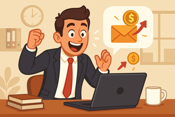 Excited business professional celebrating job promotion offer, new high salary position, successful career achievement, email notification, office workplace, vector cartoon illustration concept