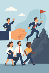 Business Leadership Motivation Teamwork Success. Manager Guiding Employees Career Growth. Corporate Mentorship Support. Giant Hand Helping Businessman Achieve Goals. Vector Illustration Concept