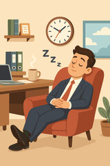 Businessman Sleeping in Office Chair Taking Break at Work, Relaxing, Resting, Time Management Concept, Office Interior, Productivity, Stress Relief, Coffee Break, Vector Cartoon Illustration