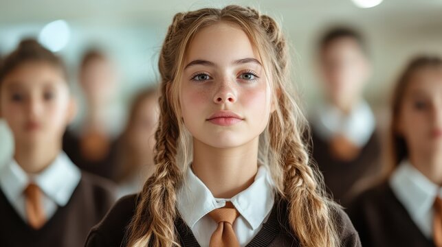A thoughtful portrait of a young girl wearing a school uniform conveys confidence and determination, showcasing youth and the importance of education in personal growth.
