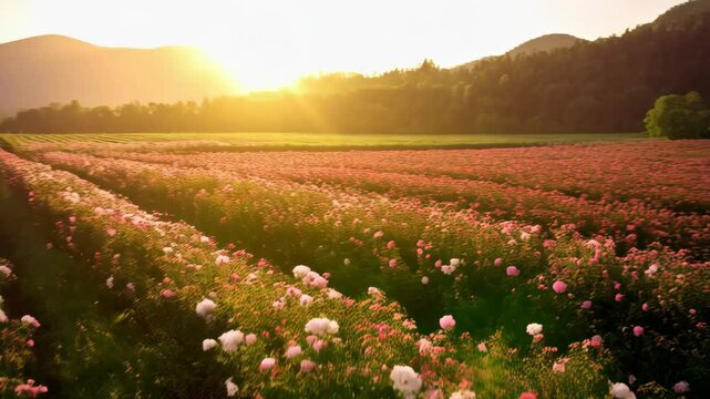 Vibrant peony flower field blooms with pink and white blossoms, stretching toward hazy mountains under a golden morning sunlight.