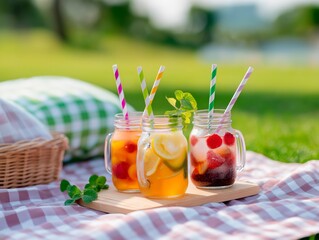 Refreshing summer beverages in mason jars with colorful straws, featuring fruits like lemons and berries, set on a picnic blanket in a lush green park environment