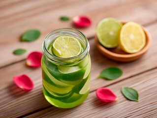 Refreshing beverage in a glass jar with lime slices and green leaves, surrounded by rose petals and lemon halves, showcasing vibrant colors and natural ingredients
