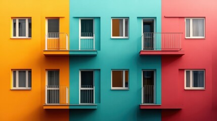 Fototapeta premium A strikingly colorful apartment facade divided into vibrant sections showcases a modern architectural style, capturing the imagination and vitality of contemporary urban living.