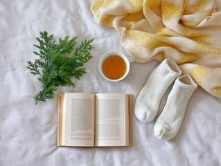 Cozy indoor scene featuring an open book, a cup of tea, warm socks, a soft blanket, and greenery, creating a relaxing atmosphere for leisure reading and comfort