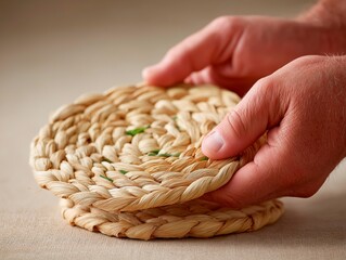 Hands of a person holding two round woven coasters made from natural fibers, showcasing intricate craftsmanship and texture, ideal for home decor and table settings
