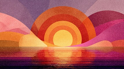 Stylized geometric sunset scene with layered circles and gradients in orange, peach, mauve, and lavender. Abstract reflections and soft grain add vintage screenprint feel. Warm, flat design 