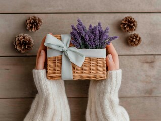 Hands holding a wicker basket filled with lavender flowers and a soft ribbon, surrounded by pine cones on a wooden surface, evoking warmth and seasonal charm