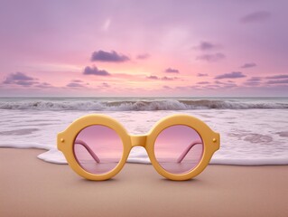 Yellow oversized sunglasses resting on sandy beach with gentle waves and pastel sunset sky, capturing a serene summer atmosphere and stylish accessory for beach lovers