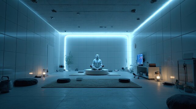 Virtual reality meditation room with biohacker measuring vitals, in a dimly lit lab, HD quality, eye-level view