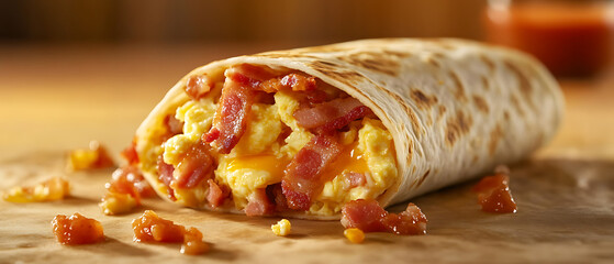 Breakfast Burrito with Scrambled Eggs, Bacon, and Cheese