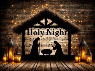 Silhouetted nativity scene with Mary, Joseph, and baby Jesus under a thatched roof, surrounded by glowing lanterns and musical notes reading "Holy Night.