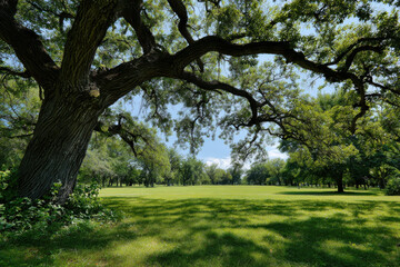 Obraz premium majestic old oak tree stands alone in serene montreal park during summer