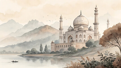 Naklejka premium Watercolor illustration of Taj Mahal in Agra, Uttar Pradesh, India