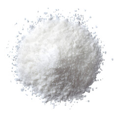 Pile of fine white salt or powder, isolated on a clean white background, top view,