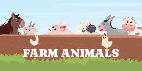 Funny farm animals group, smiling horse, goat, pig, sheep, donkey, cow, duck, chicken, kids vector art