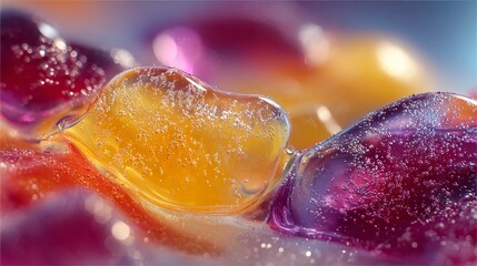 Surreal abstract design with glossy fruit-colored splashes, semi-liquid swirls, shimmering sugar crystals. Juicy gradients in mango, raspberry tones. High contrast with soft edges and gentle sparkle