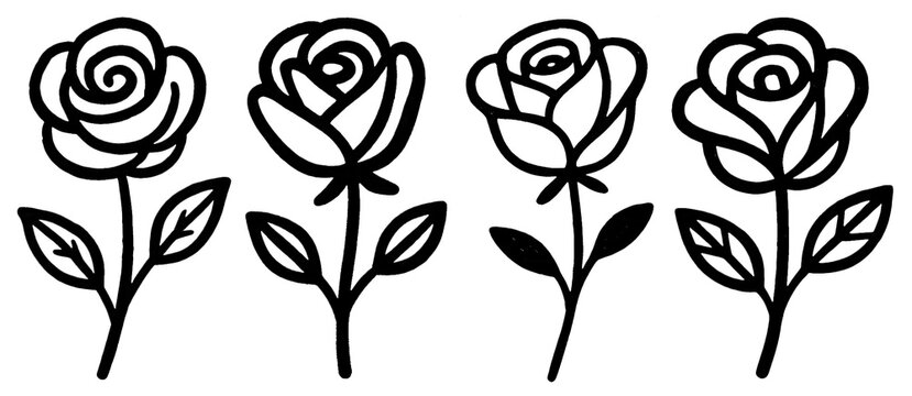 PNG Minimalist rose line art, element set on transparent background