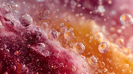 Surreal abstract design with glossy fruit-colored splashes, semi-liquid swirls, shimmering sugar crystals. Juicy gradients in mango, raspberry tones. High contrast with soft edges and gentle sparkle