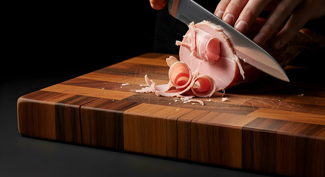 Artisanal Ham Preparation On Rustic Wooden Cutting Board Detailed Close Up